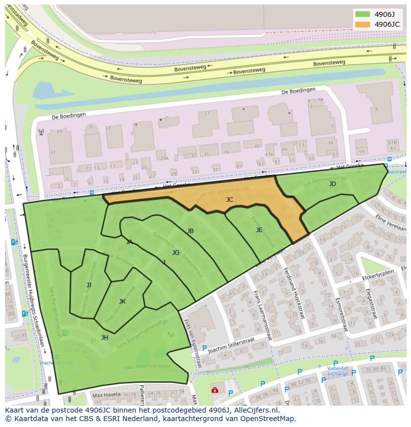 Afbeelding van het postcodegebied 4906 JC op de kaart.