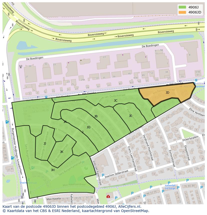 Afbeelding van het postcodegebied 4906 JD op de kaart.