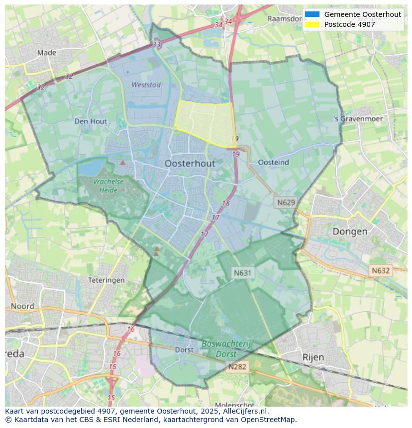 Afbeelding van het postcodegebied 4907 op de kaart.