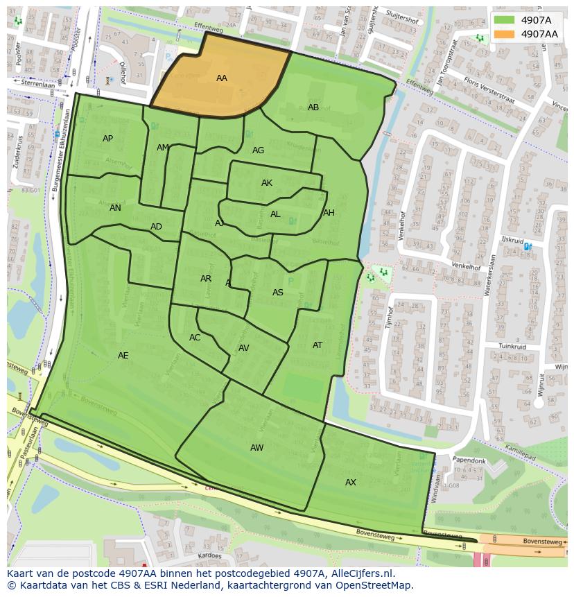 Afbeelding van het postcodegebied 4907 AA op de kaart.
