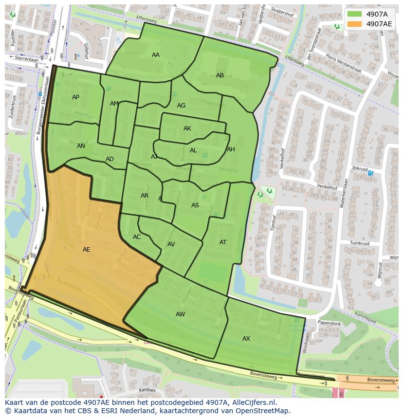 Afbeelding van het postcodegebied 4907 AE op de kaart.