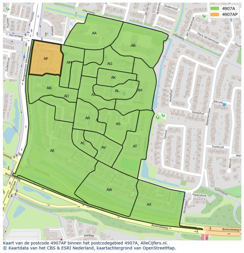Afbeelding van het postcodegebied 4907 AP op de kaart.