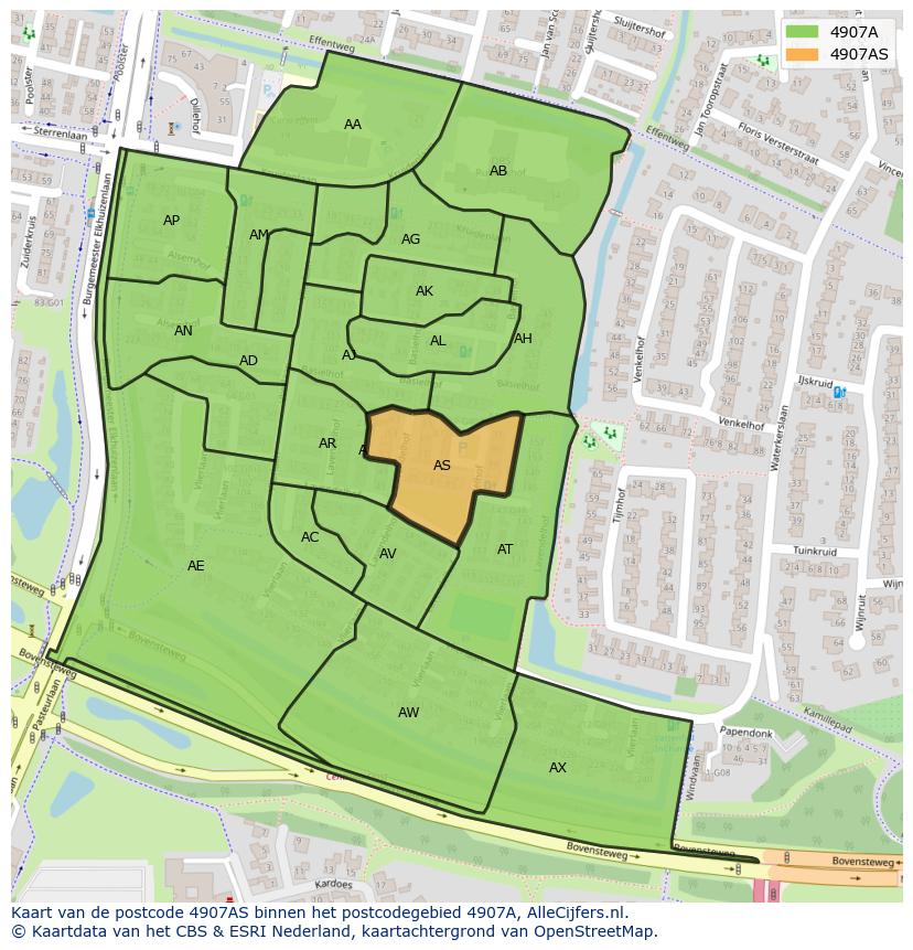 Afbeelding van het postcodegebied 4907 AS op de kaart.