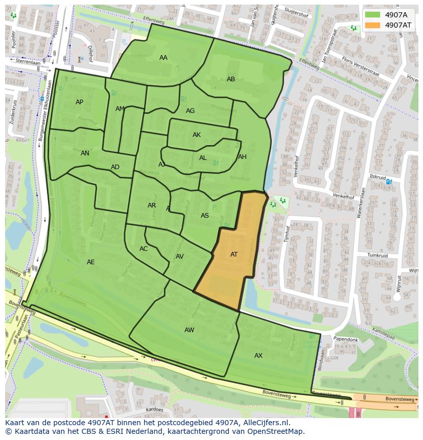 Afbeelding van het postcodegebied 4907 AT op de kaart.