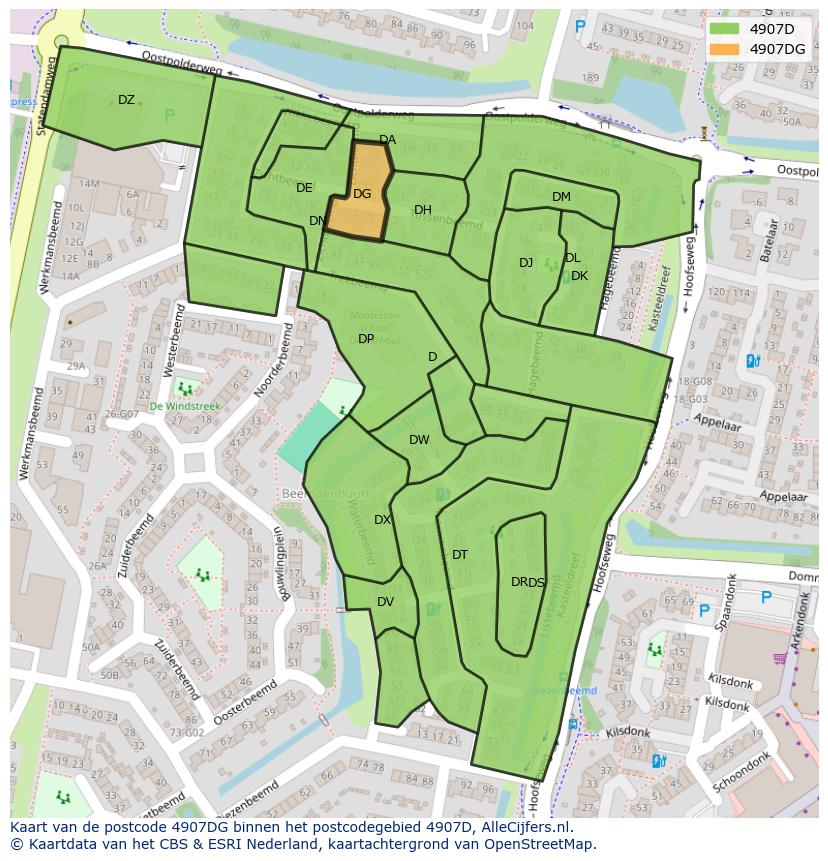 Afbeelding van het postcodegebied 4907 DG op de kaart.
