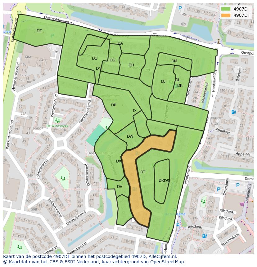 Afbeelding van het postcodegebied 4907 DT op de kaart.
