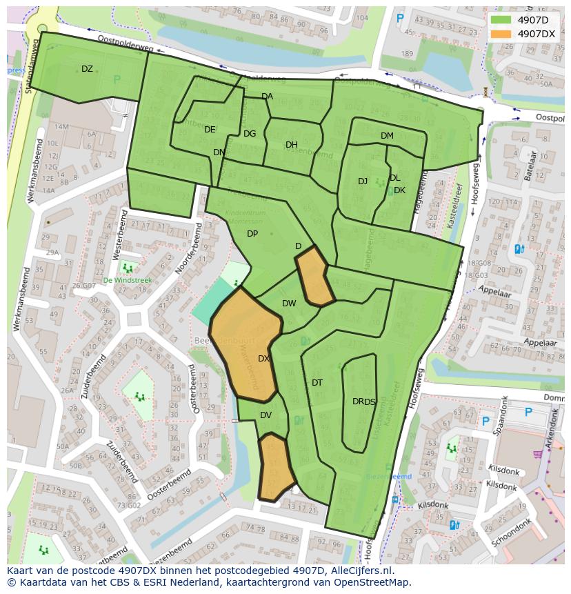 Afbeelding van het postcodegebied 4907 DX op de kaart.