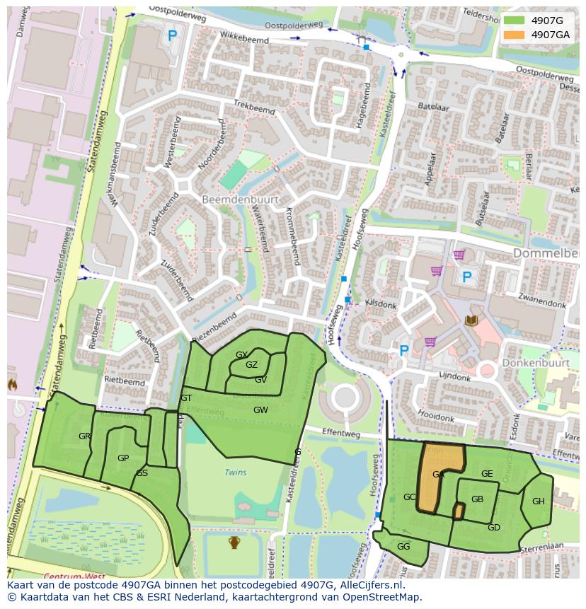 Afbeelding van het postcodegebied 4907 GA op de kaart.
