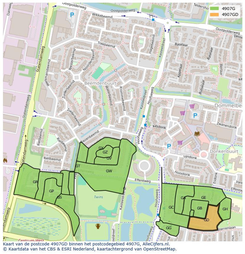 Afbeelding van het postcodegebied 4907 GD op de kaart.