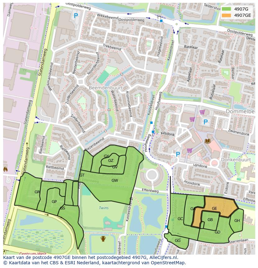 Afbeelding van het postcodegebied 4907 GE op de kaart.