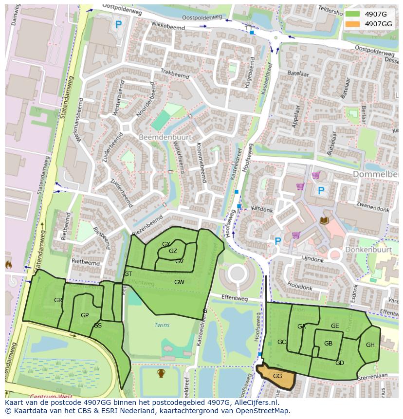 Afbeelding van het postcodegebied 4907 GG op de kaart.