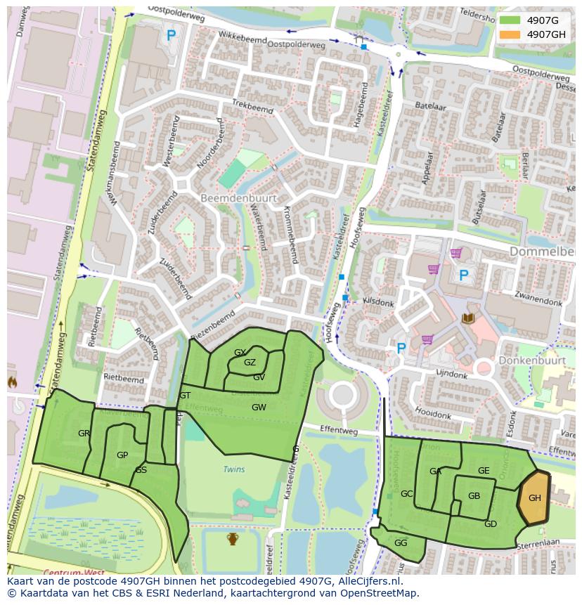 Afbeelding van het postcodegebied 4907 GH op de kaart.