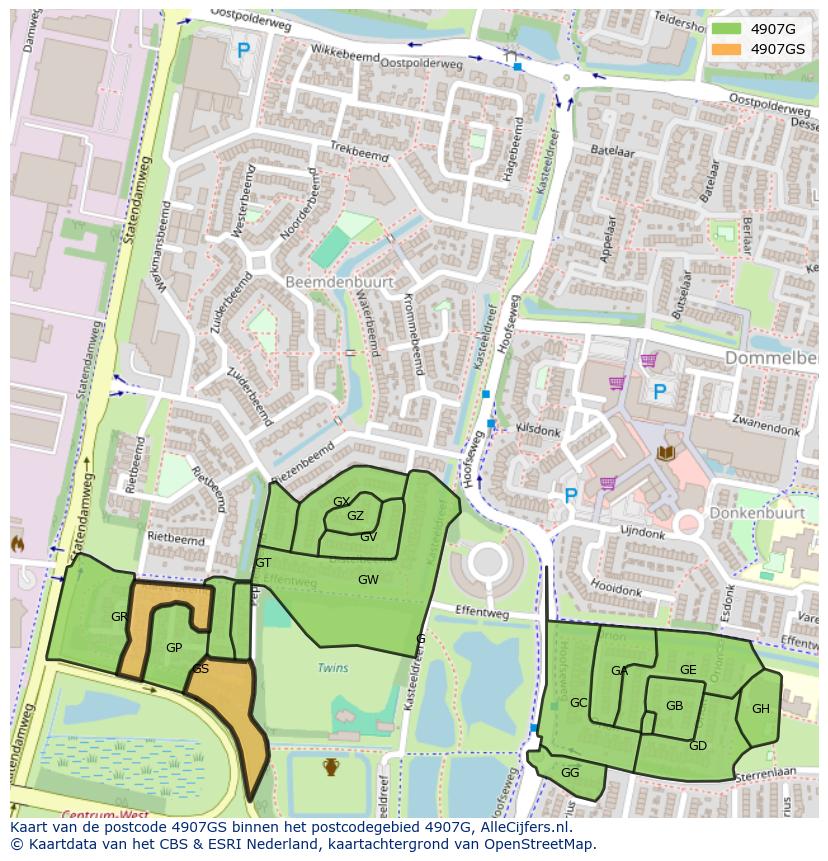 Afbeelding van het postcodegebied 4907 GS op de kaart.