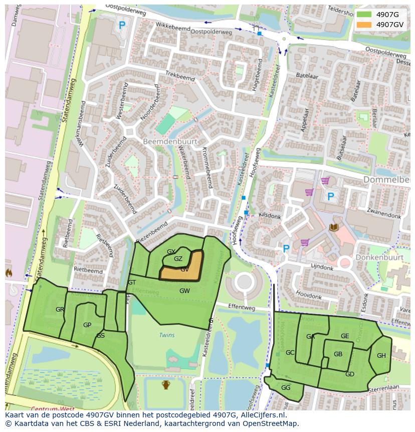 Afbeelding van het postcodegebied 4907 GV op de kaart.