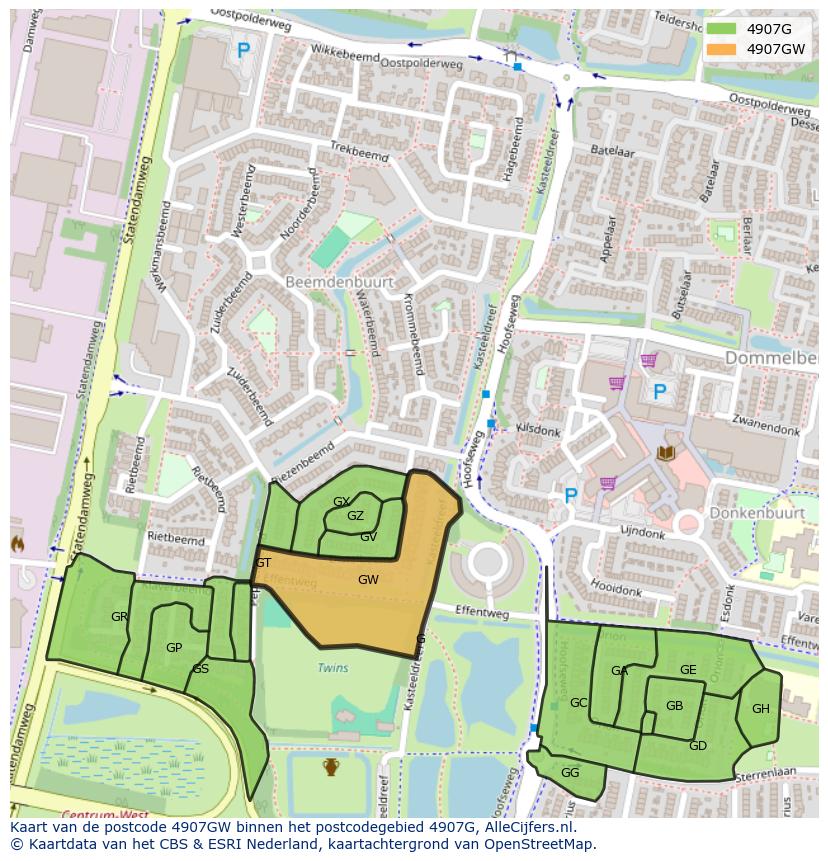 Afbeelding van het postcodegebied 4907 GW op de kaart.