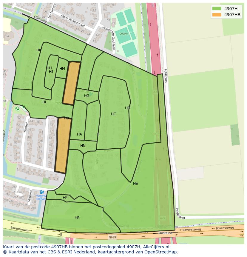Afbeelding van het postcodegebied 4907 HB op de kaart.