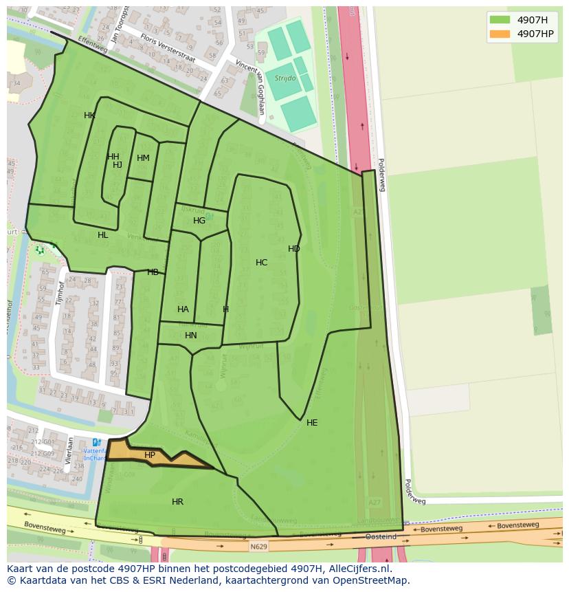 Afbeelding van het postcodegebied 4907 HP op de kaart.