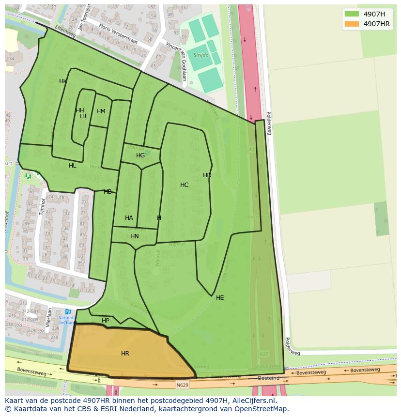 Afbeelding van het postcodegebied 4907 HR op de kaart.