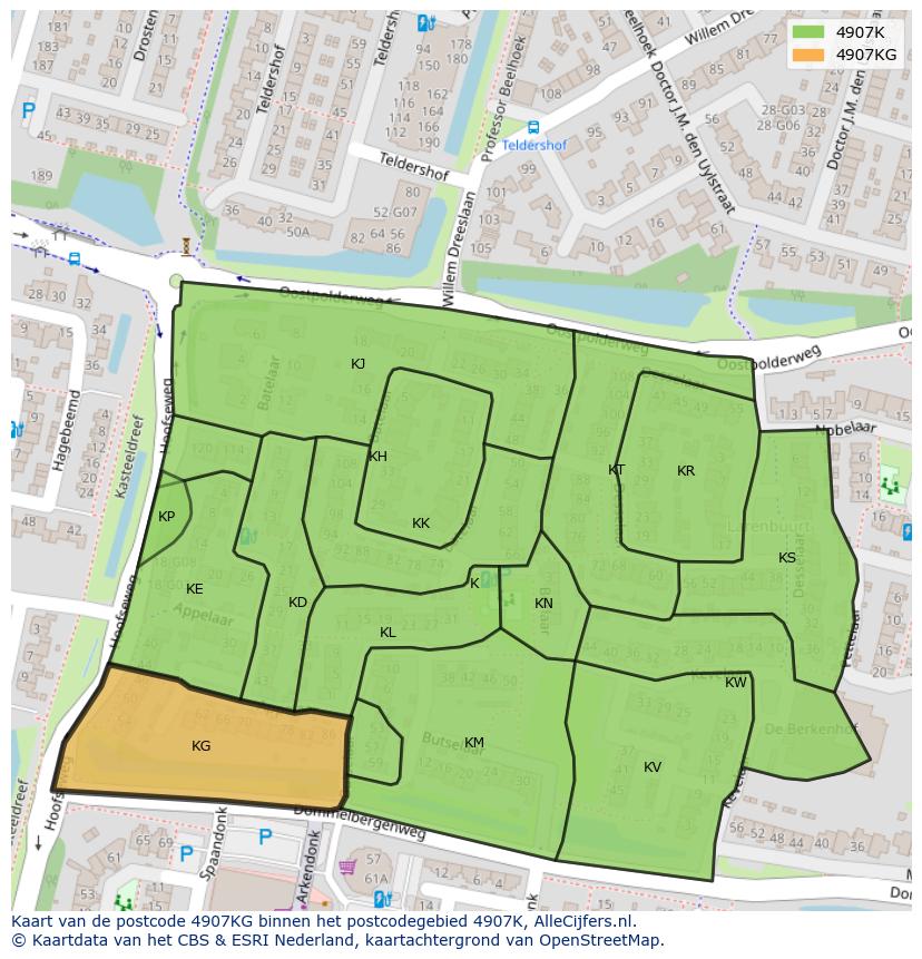 Afbeelding van het postcodegebied 4907 KG op de kaart.