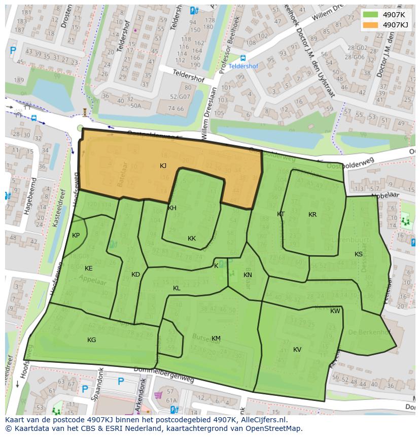 Afbeelding van het postcodegebied 4907 KJ op de kaart.