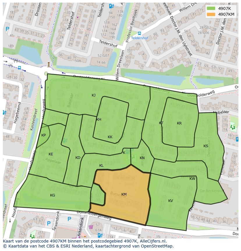 Afbeelding van het postcodegebied 4907 KM op de kaart.