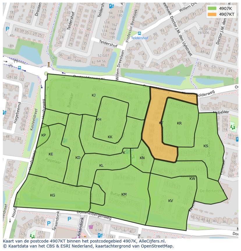 Afbeelding van het postcodegebied 4907 KT op de kaart.