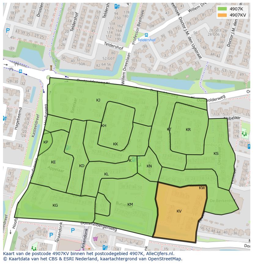 Afbeelding van het postcodegebied 4907 KV op de kaart.