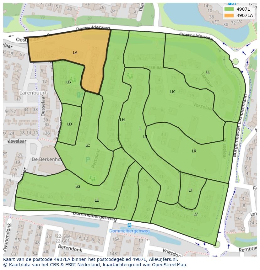 Afbeelding van het postcodegebied 4907 LA op de kaart.