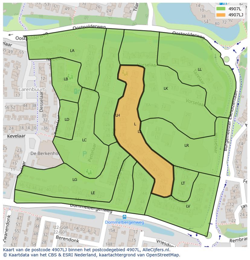 Afbeelding van het postcodegebied 4907 LJ op de kaart.