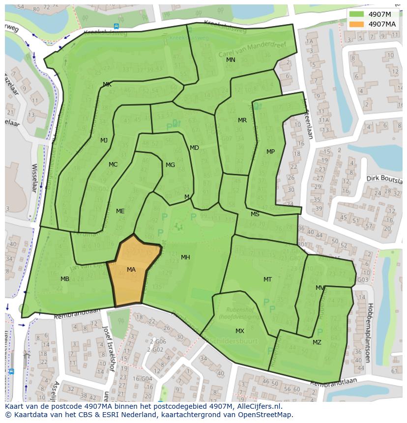 Afbeelding van het postcodegebied 4907 MA op de kaart.