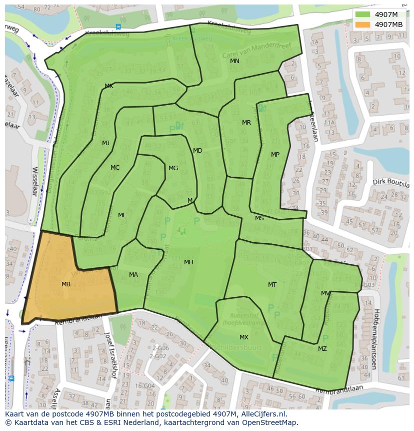 Afbeelding van het postcodegebied 4907 MB op de kaart.