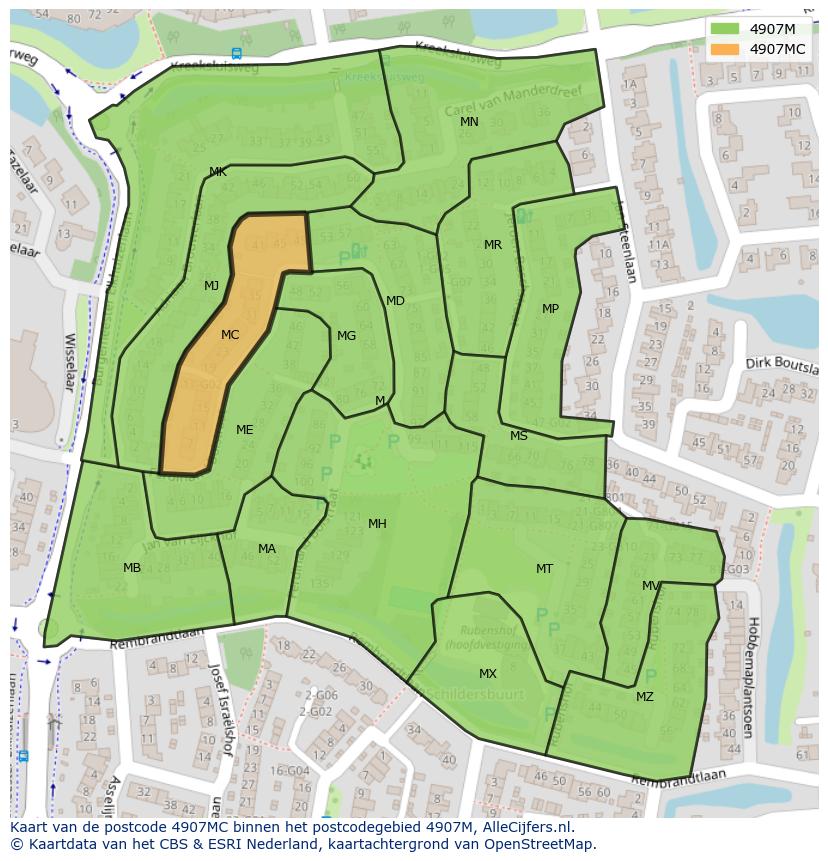 Afbeelding van het postcodegebied 4907 MC op de kaart.