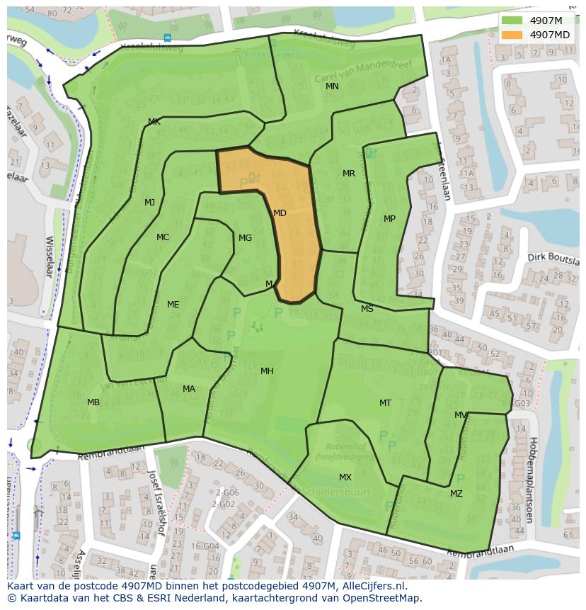 Afbeelding van het postcodegebied 4907 MD op de kaart.