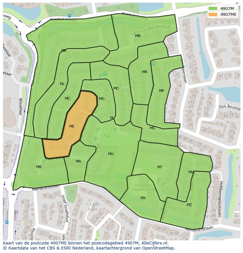 Afbeelding van het postcodegebied 4907 ME op de kaart.
