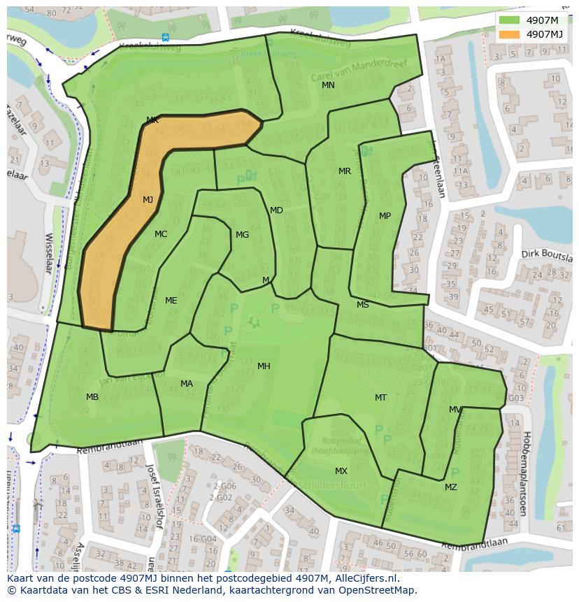 Afbeelding van het postcodegebied 4907 MJ op de kaart.