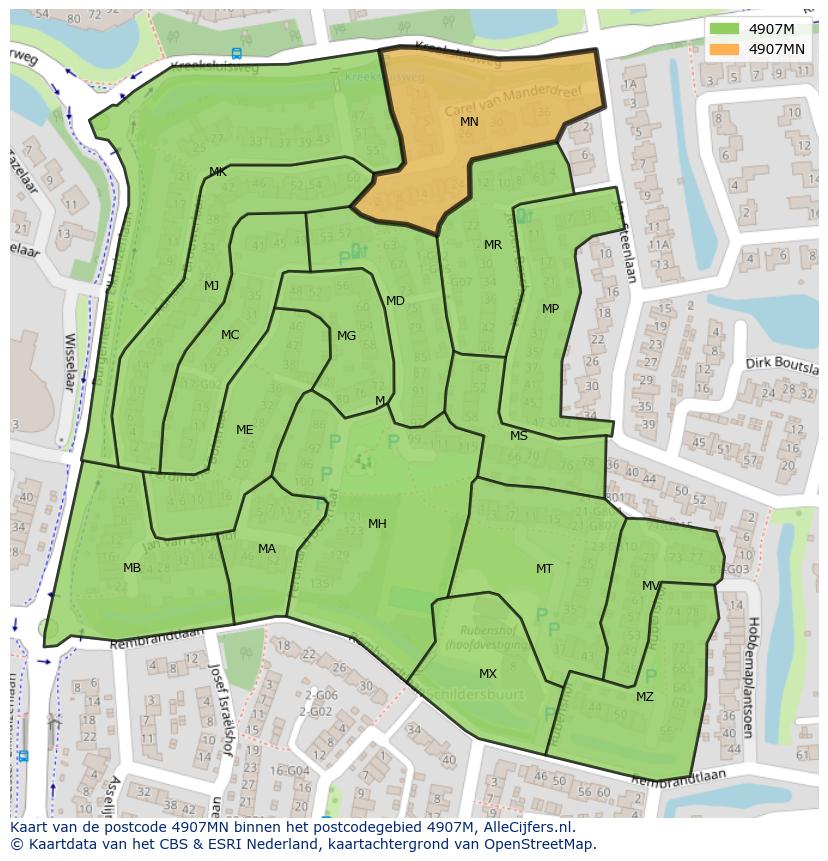 Afbeelding van het postcodegebied 4907 MN op de kaart.
