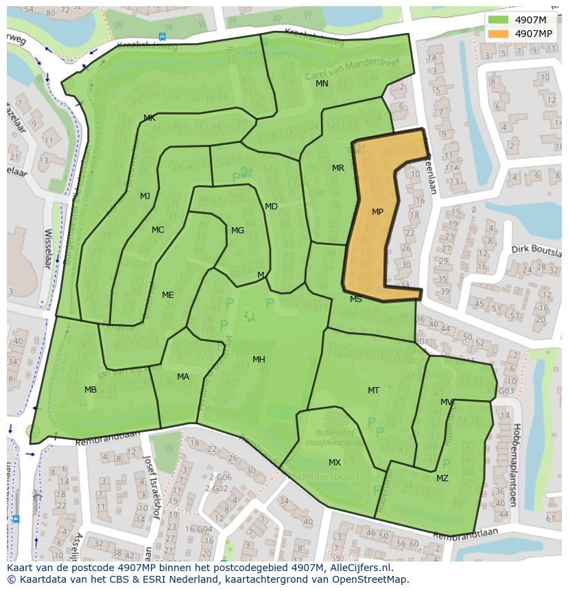 Afbeelding van het postcodegebied 4907 MP op de kaart.
