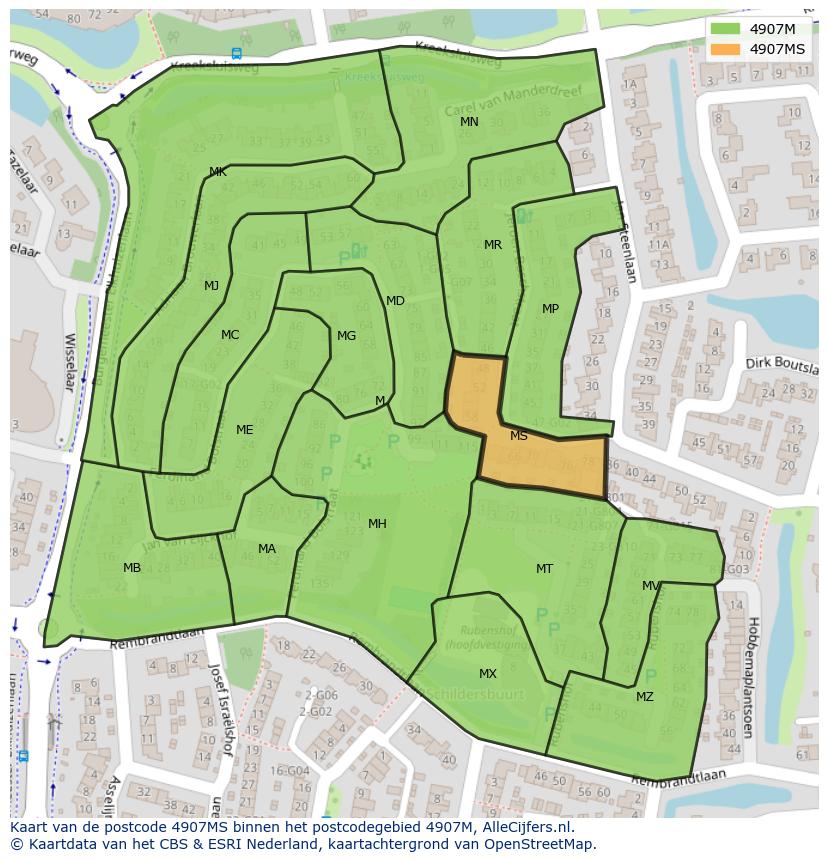 Afbeelding van het postcodegebied 4907 MS op de kaart.