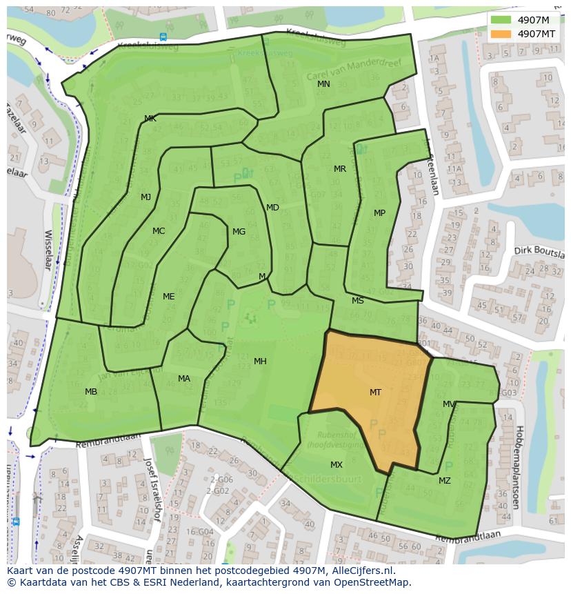 Afbeelding van het postcodegebied 4907 MT op de kaart.