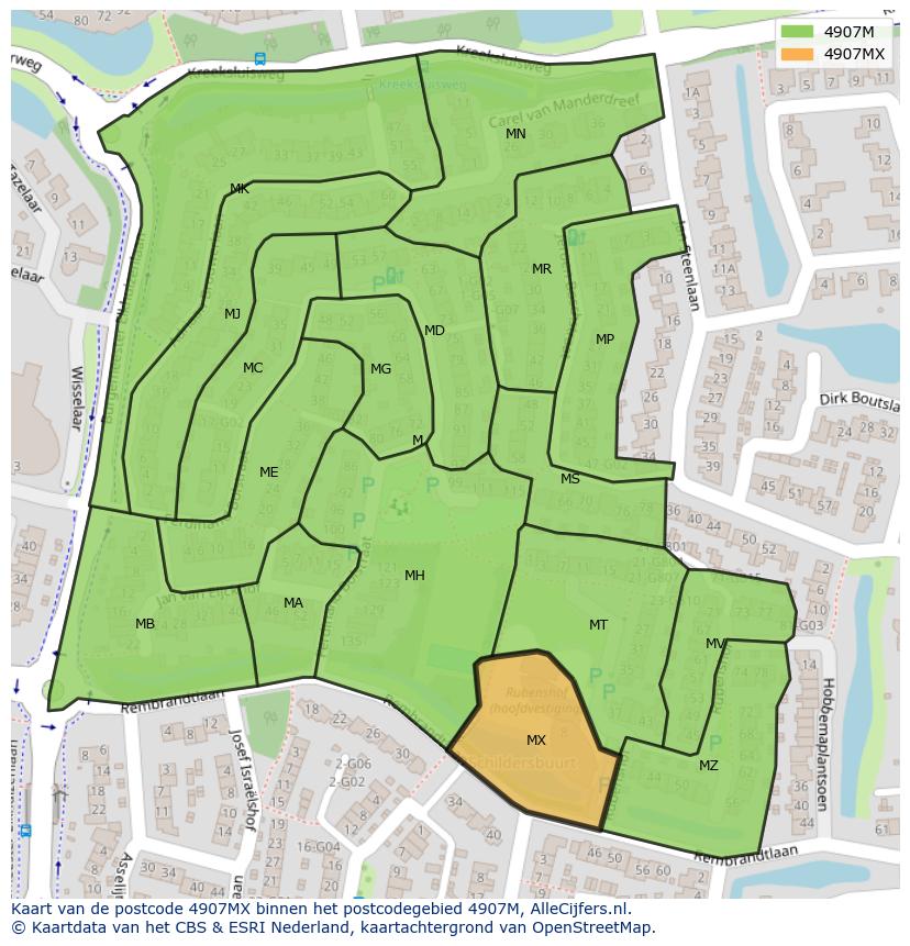 Afbeelding van het postcodegebied 4907 MX op de kaart.