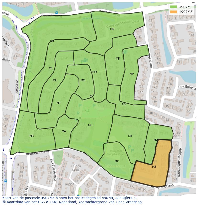 Afbeelding van het postcodegebied 4907 MZ op de kaart.