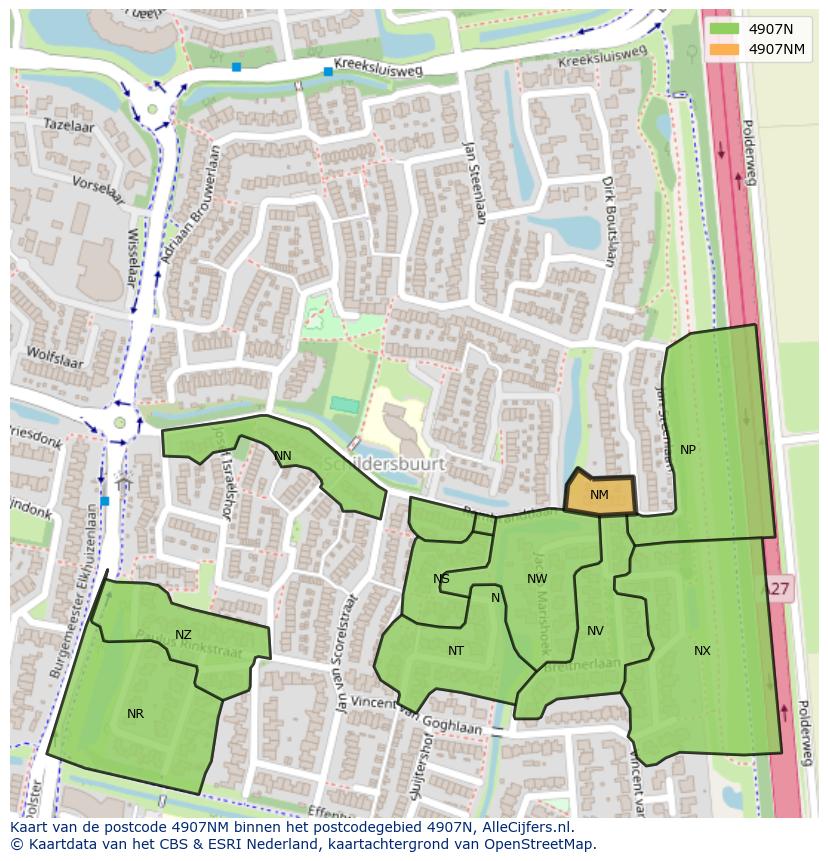 Afbeelding van het postcodegebied 4907 NM op de kaart.