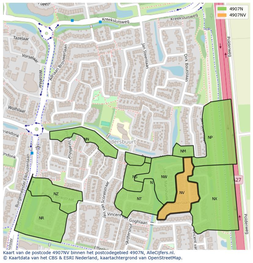 Afbeelding van het postcodegebied 4907 NV op de kaart.