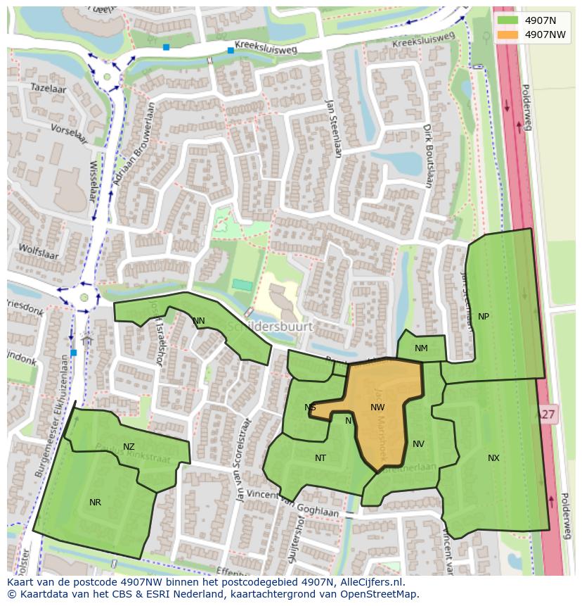 Afbeelding van het postcodegebied 4907 NW op de kaart.