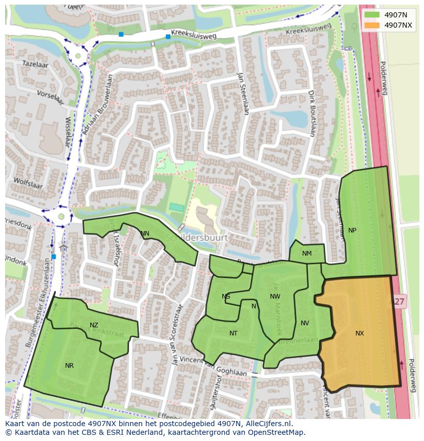 Afbeelding van het postcodegebied 4907 NX op de kaart.