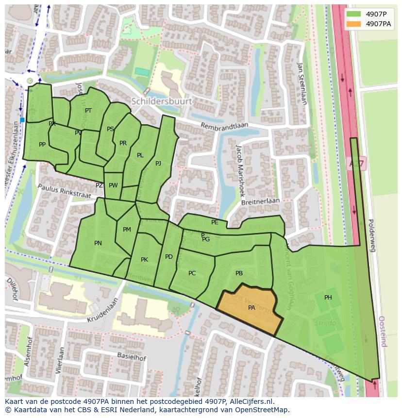 Afbeelding van het postcodegebied 4907 PA op de kaart.