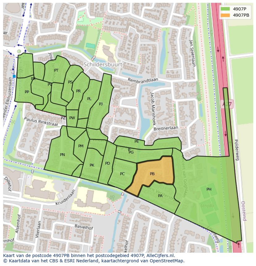 Afbeelding van het postcodegebied 4907 PB op de kaart.
