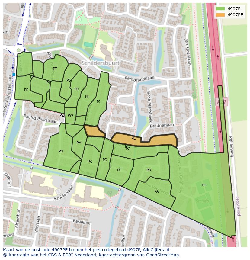 Afbeelding van het postcodegebied 4907 PE op de kaart.