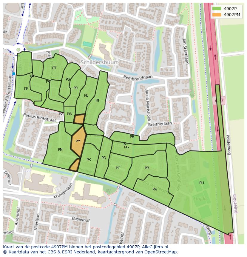 Afbeelding van het postcodegebied 4907 PM op de kaart.