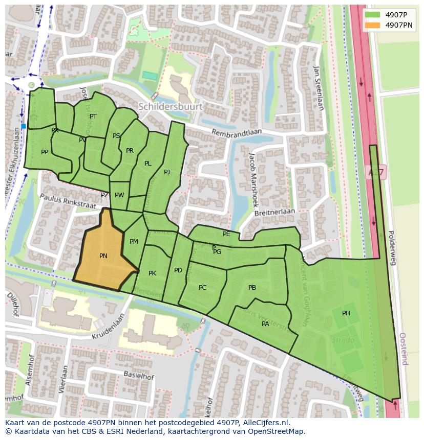 Afbeelding van het postcodegebied 4907 PN op de kaart.
